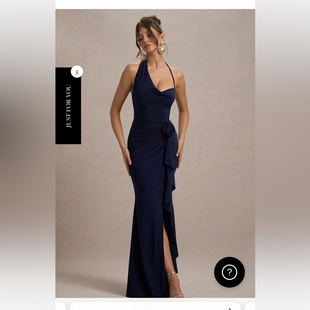 Club L London LUCENA 
NAVY COWL-NECK WRAP MAXI DRESS WITH FLORAL DRAPE